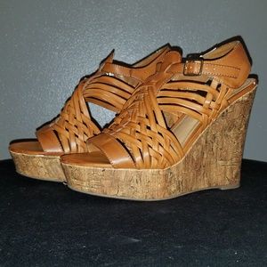 Soda Strappy Weave Platform Cork Wedge Brown